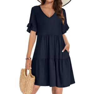 Summer Dresses for Women 2026 Loose V Neck Ruffle Sleeve Tiered Flowy Casual A Line Mini Beach Dress with Pockets (XL)