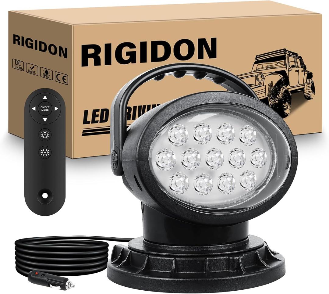 RIGIDON 50W Remote Control LED Search Light, 360 Rotating LED Work Light with Strobe Mode, Strong Magnets Built-in, Adjustable Brightness, 12V 24V Spotlight for Truck Boats Hunting