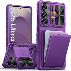 SLOTS CASE for Samsung Galaxy S25 Ultra Case with Card Holder & Lens Cover & Hidden Kickstand, Silicone Edge Durable Protective Wallet Phone Case Cover for Galaxy S25 Ultra 6.9'', Dark Purple