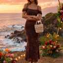 MEROKEETY Women's 2026 Summer Off The Shoulder Spaghetti Strap Floral Mesh Wedding Guest Cocktail Formal Party Maxi Dresses (Brown, M)