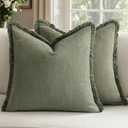Woaboy Decorative Linen Fringe Throw Pillow Covers Boho Farmhouse Soft Euro Cushion Covers Accent Pillows with Tassels Spring Home Decor for Bed Couch Sofa,24x24 Inch Set of 2,Light Olive Green
