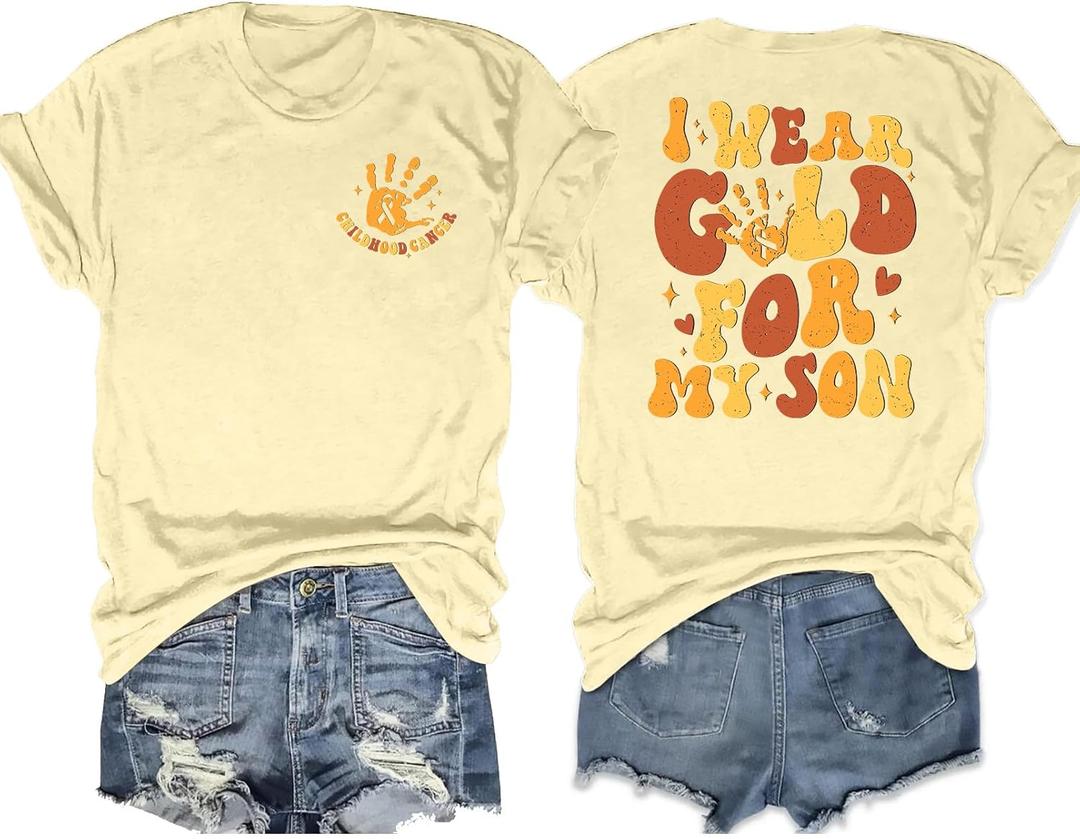 Childhood Cancer Awareness Shirts Women: I Wear Gold for My Son Tshirt Pediatric Cancer Gold Ribbon Tee Tops (S)