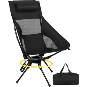 Swivel Portable Camping Chair, High Back Folding Chair with Detachable Pillow, Compact Lightweight Backpacking Chair for Outdoor, Travel, Beach, Hiking, Support 330 LBS, 1 Pack Black