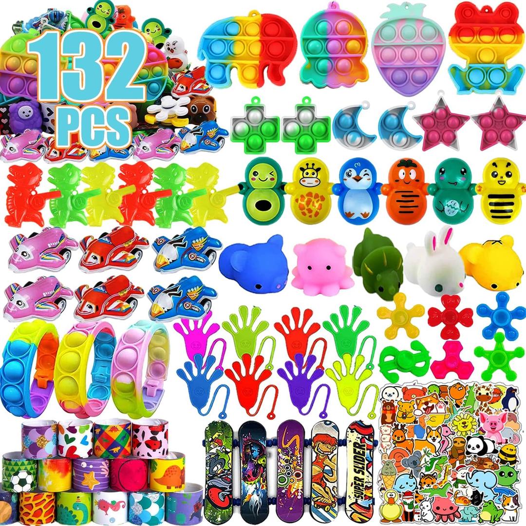 132 Pcs Party Favors for Kids, Treasure Box Toys for Classroom, Prize Box Toys for Kids, Goodie Bags Stuffers, Pinata Filler, Treasure Chest Pop Fidget Birthday Gifts