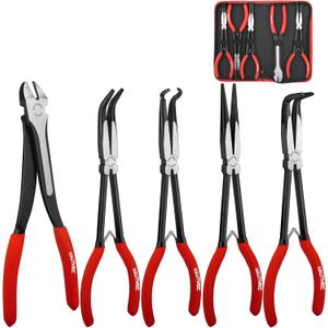 HAUTMEC 11Inch Extra Long Needle Nose Pliers Set, 5PCS Spring Loaded Heavy Duty Long Reach Pliers Include Hose Grip and Diagonal Cutting Plier, Straight and 45/90 Degree Bent Nose Pliers