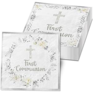 First Communion Napkins Decorations, 40Pcs Silver Communion Napkins God Bless Baptism Birthday Supplies Paper Napkins for Christening Celebration Baby Shower Communion Party Supplies