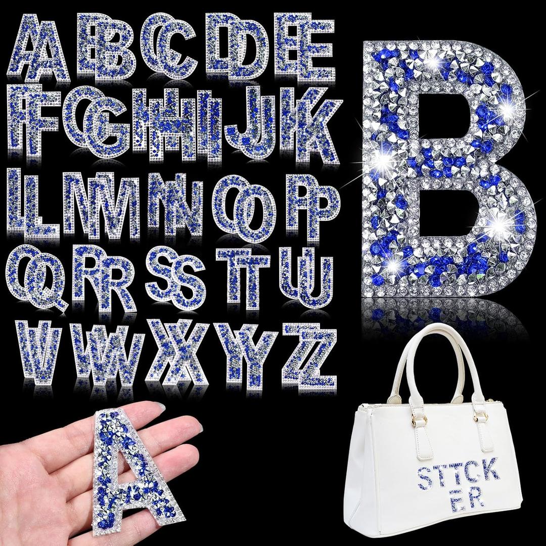Yinder Glitter Resin Rhinestone Alphabet Letter Stickers Crystal Rhinestone Iron on Letter Self Adhesive A-Z Glitter Stickers for Art Clothing DIY Works(Blue, 52 Pieces)