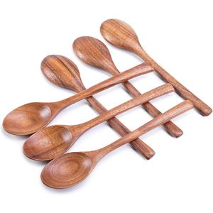 HAKSEN Wooden Spoons for Eating, 8.2 Inch Wood Mixing Soup Spoon with Long Handle for Korean Food Daily Meal Stirring Sauce Coffee, 6PCS