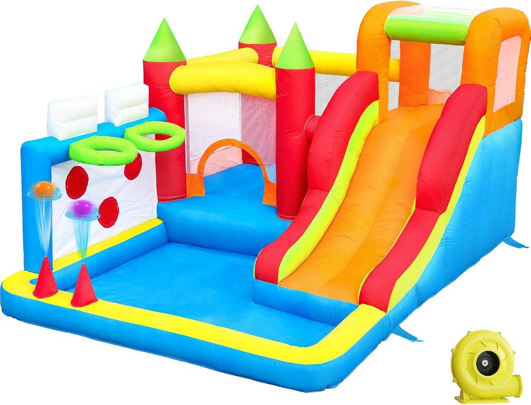 Kids Bounce House with Ball Pit & 7 Play Zones, Inflatable Toddler Bouncer for Indoor and Outdoor Use, Features Slide, Basketball Hoops, Blower, Easy Setup for Ages 2-6 (Toddler Bounce House), 91.7 inches x 122 inches x 66.9 inches