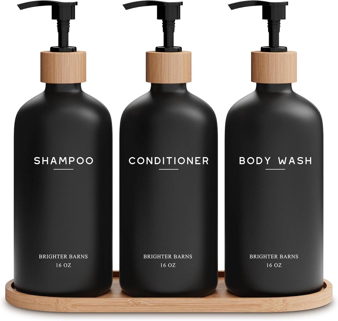 Black Shampoo and Conditioner Dispenser Set by Brighter Barns - Body Wash, Shampoo Dispenser for Shower with Pump - Refillable Plastic Shower Soap Dispenser for Bathroom Decor in Home, Airbnb (Black)