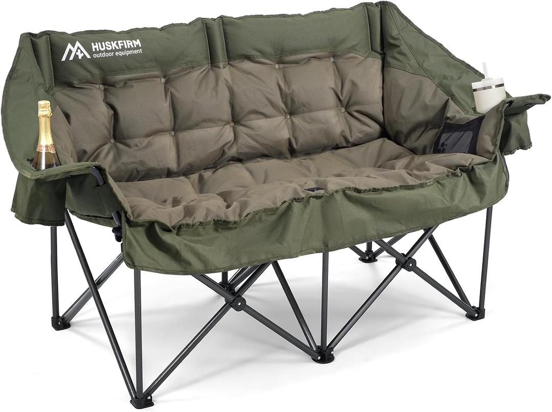 Double Camping Chairs Padded Loveseat Chair for 2 Person - Heavy Duty Oversized Camping Couch for Adults Outdoor Lawn Beach - Portable Folding Sofa with Cup Holders and Carry Bag, Green
