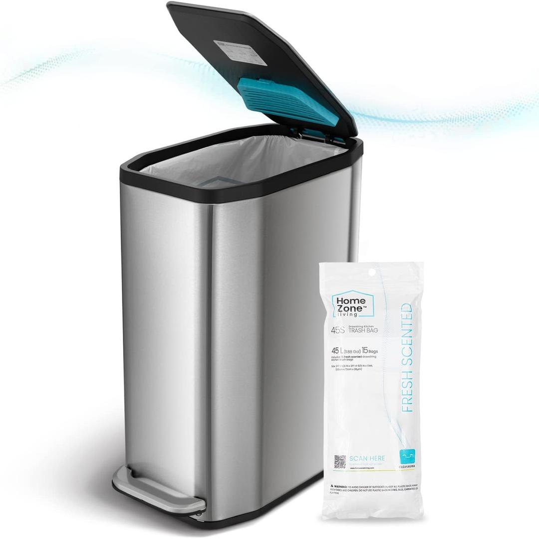Home Zone Living 13 Gallon Slim Kitchen Trash Can with CleanAura Odor Control, Stainless Steel, Silver, 50 Liters