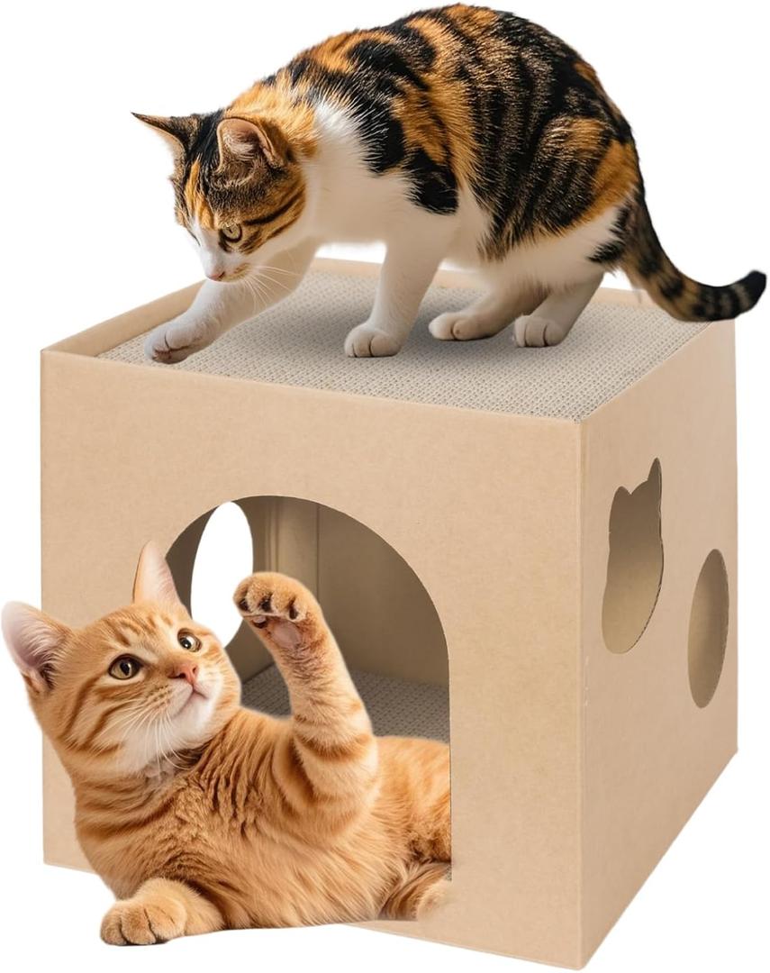 Cardboard Cat House with 2-Stories Scratch Pad | 2-Level Cat Play House, Hideaway Cave & Scratching Toy | Durable Corrugated Condos Bed for Indoor Cats/Kittens/Bunny/Small Animals