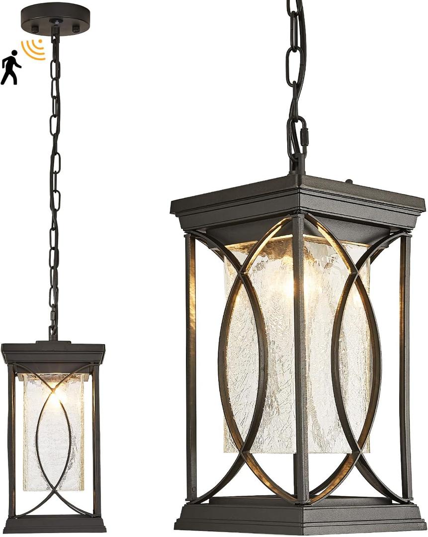Motion Outdoor Pendant Light Fixtures Dusk to Dawn Exterior Ceiling Hanging Lantern for Porch, Modern Black Outside Chandelier Light with Crack Glass for Front Door Porch Gazebo Foyer Entryway