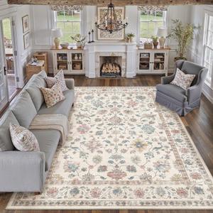 HUGEAR Area Rug 8x10 Vintage Colorful Machine Washable Living Room Rugs Distressed Cream Retro Floral Vacuumable Low Pile Carpet Bedroom Office Dining Farmhouse Playroom Non Slip