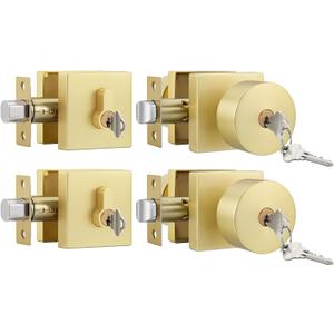 Goldenwarm Gold Exterior Door Knob with Deadbolt, Heavy Duty Front Door Knob and Deadbolt Set, Zinc-Alloy Brushed Gold Entry Door Lock Set - Single Cylinder, 2 Pack