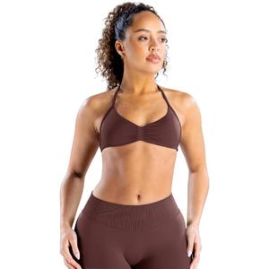 Impact Strappy Bra Backless Halter Sports Yoga Top Women Workout Fitness Gym Outdoor Front Motion Scrunch Tops (Medium, Cocoa)