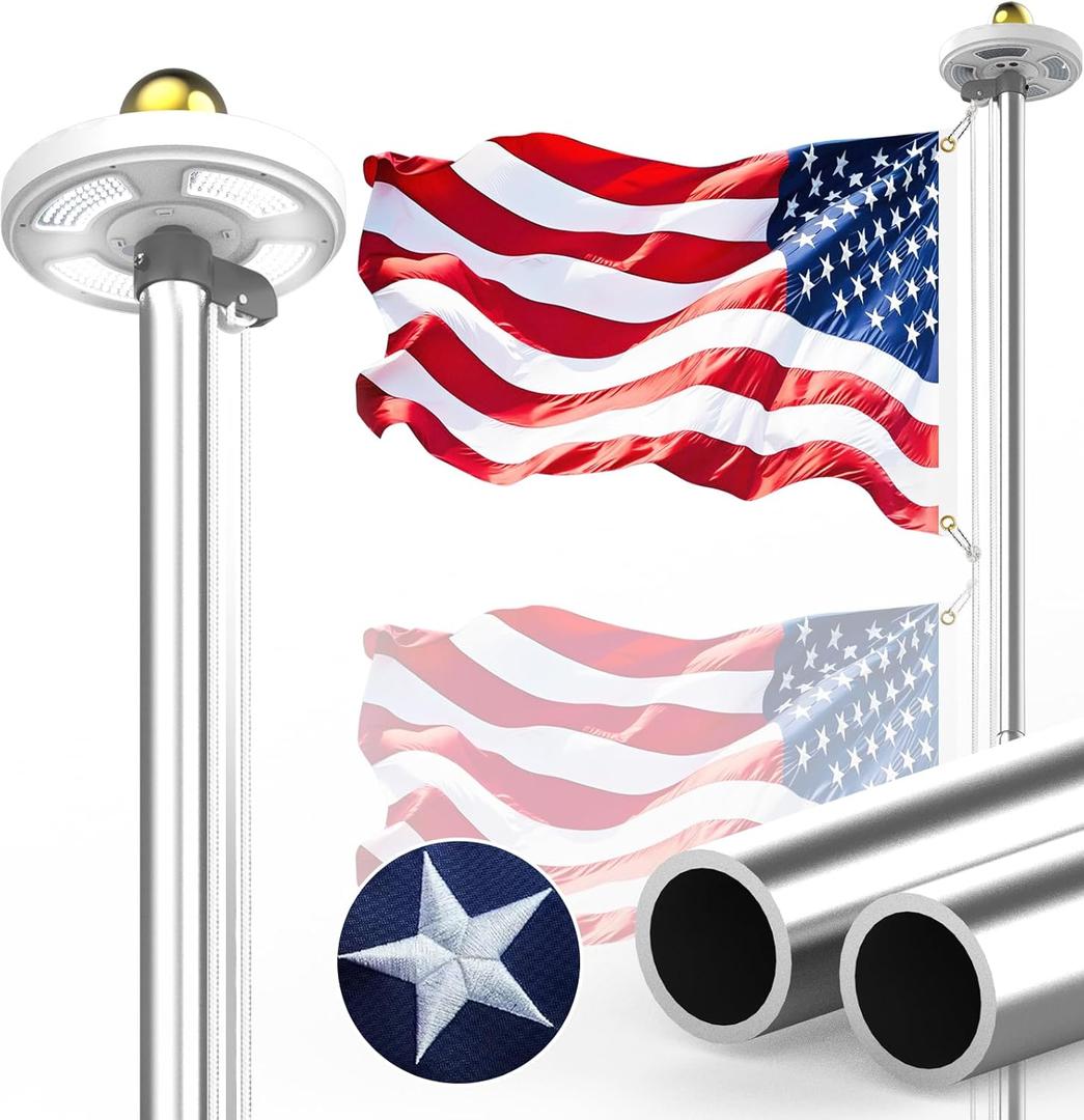 12-Gauge Heavy Duty Flag Pole Holder for Outside House, Flag Pole Kit with Light Solar Powered and Flag, 25FT 100MPH Silver, 2MM Thick Flagpole Hardware with Pulley and Rope
