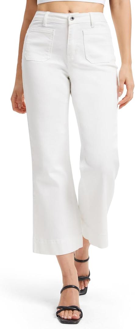 Tapata Women's 24/26 Petite Regular Wide Leg Jeans High Waisted Flare Stretchy Cropped Denim Pants Trendy Baggy Pockets (Medium, White)