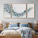 Extra Large 3 Piece Framed Blue White Coastal Fish Wall Art for Living Room, 80" W x 40" H Overall, 3pcs, Blue & White A