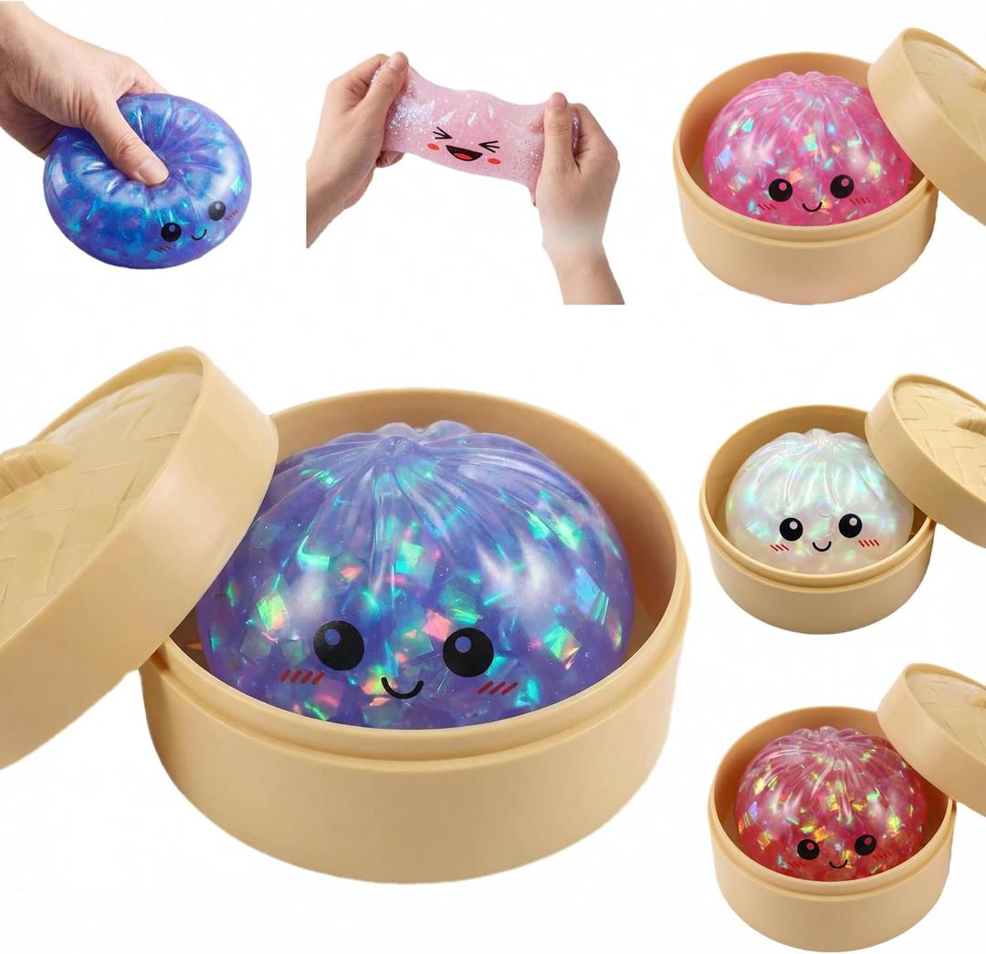 Glitter Dumpling Squishy Toy Dumpling Stress Ball with Steamer Case, Stress Relief Fidget Toy for Adults, Cute Squeeze Desk Toy Portable Toy Gift Idea (Shimmer Purple)
