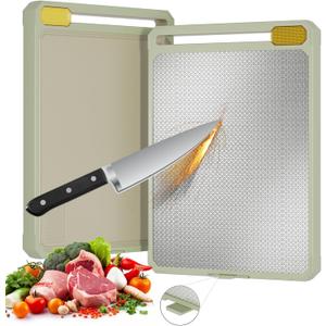 Cutting Board for Kitchen, Stainless Steel Cutting Board Double Sided, 304 Stainless Steel and Wheat Straw PP, Food-Grade, Scratch-resistant, Large Size 17.112.4"