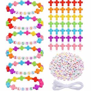 Highergo 1200 Pcs Easter Cross Beads for Jewelry Making, Religious Beaded Bracelet DIY Bead Craft Kit Stretch 944 Inch Elastic Cord for Spring Easter Sunday School VBS Party Decor