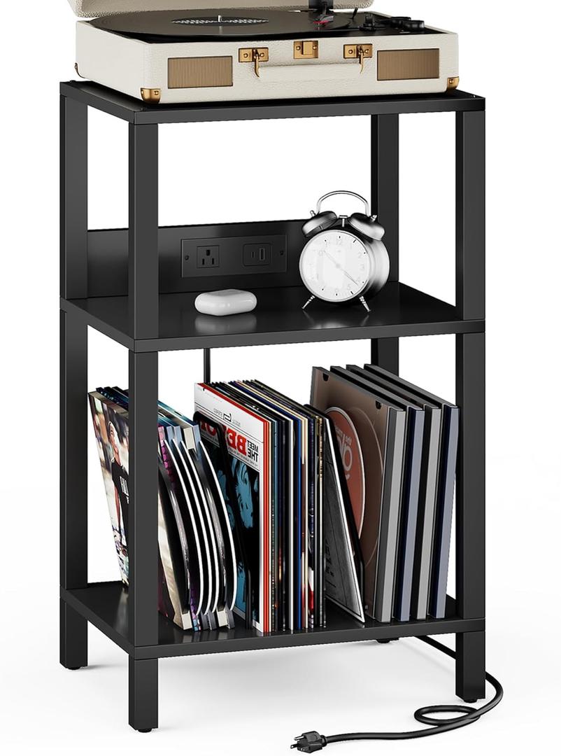 TUTOTAK Record Player Stand with Storage Up to 100 Albums Record Storage Table,3 Tier End Table with Charging Station, Side Table for Living Room, Bedroom, Black TB01BK076