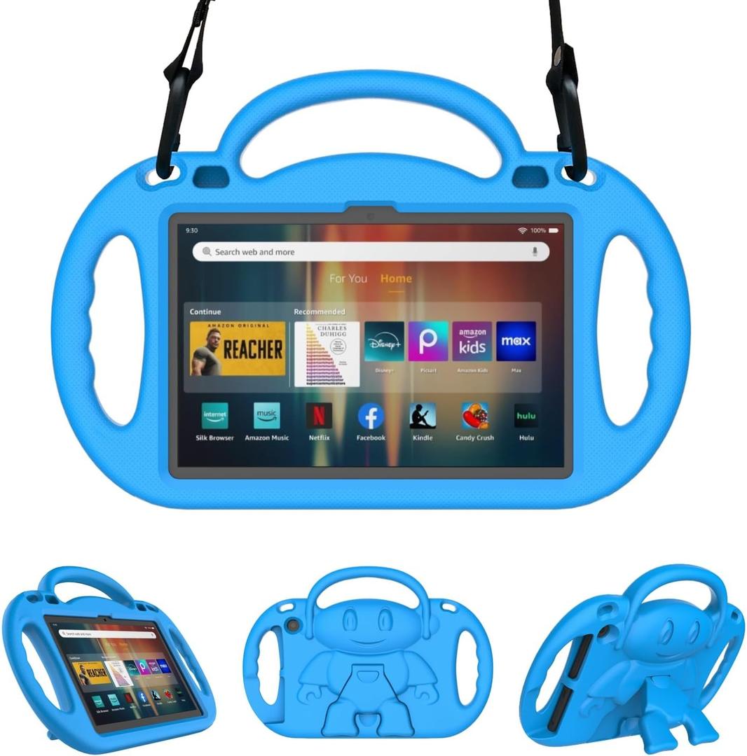 Lightweight Shockproof Kids Tablet Case with Handle, Bracket and Shoulder Strap, Incompatible with Nokia TCL -Blue