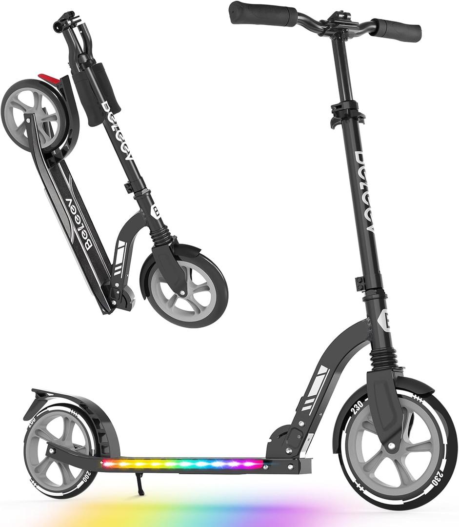 BELEEV V10 Big Wheel Scooter for Kids Ages 6+ with Light-Up Deck, 2 Wheel Folding Scooter for Adults Teens, 5 Adjustable Height, Lightweight Kick Scooter with Carry Strap, Up to 220 lbs, Black