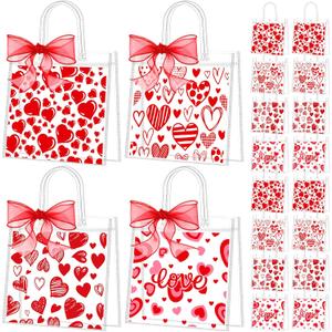 Kolldenn 48 Pcs Pink Bow Clear PVC Gift Bags with Handle Ribbon Reusable Bowknot Goodies Treats Totes Bulk for Birthday Wedding Baby Shower Party Supplies 5.9x6.3x2.8 Inch(Love Heart)