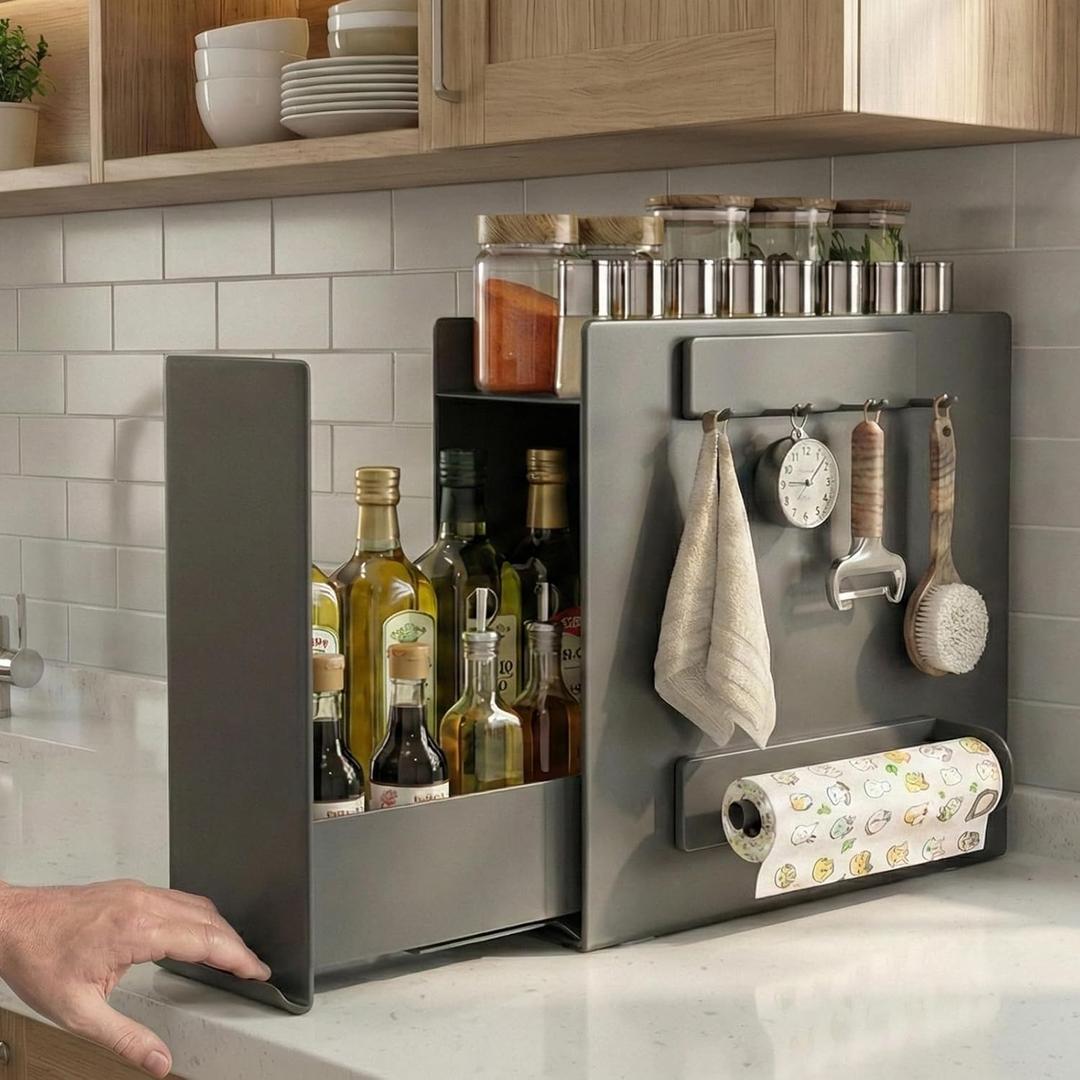 2 Tier No Assembly Pull Out Spice Rack Countertop, Sliding Drawer Seasoning Condiments for Tall Bottles, Steel Kitchen Organizer with Magnetic Panels with Paper Towel Holder and 4 Hooks