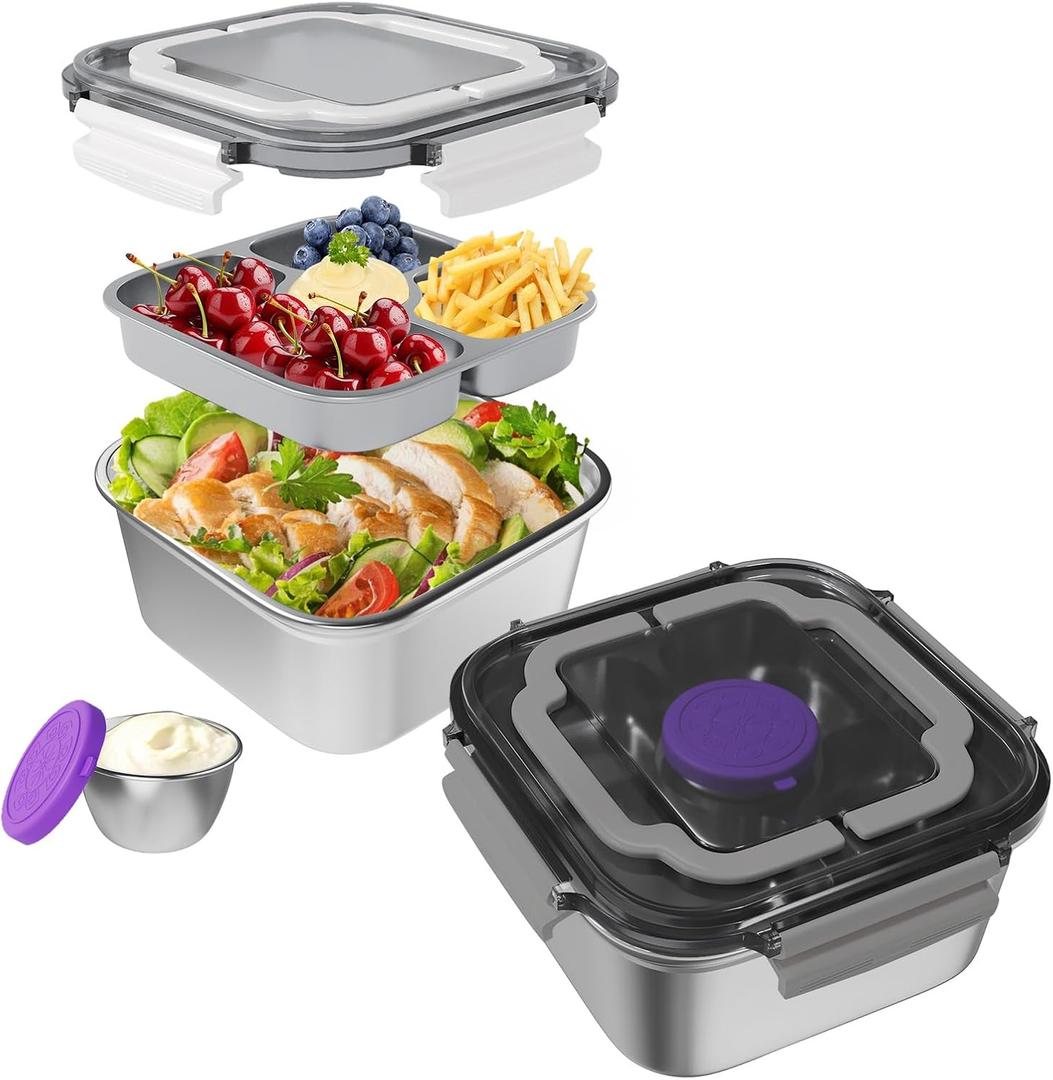 Salad Container for Lunch 2 Pack,3-Compartment Bento-Style Tray,1.5-oz Sacue Container, Dishwasher, Microwave, and Oven Safe (Gray&White)