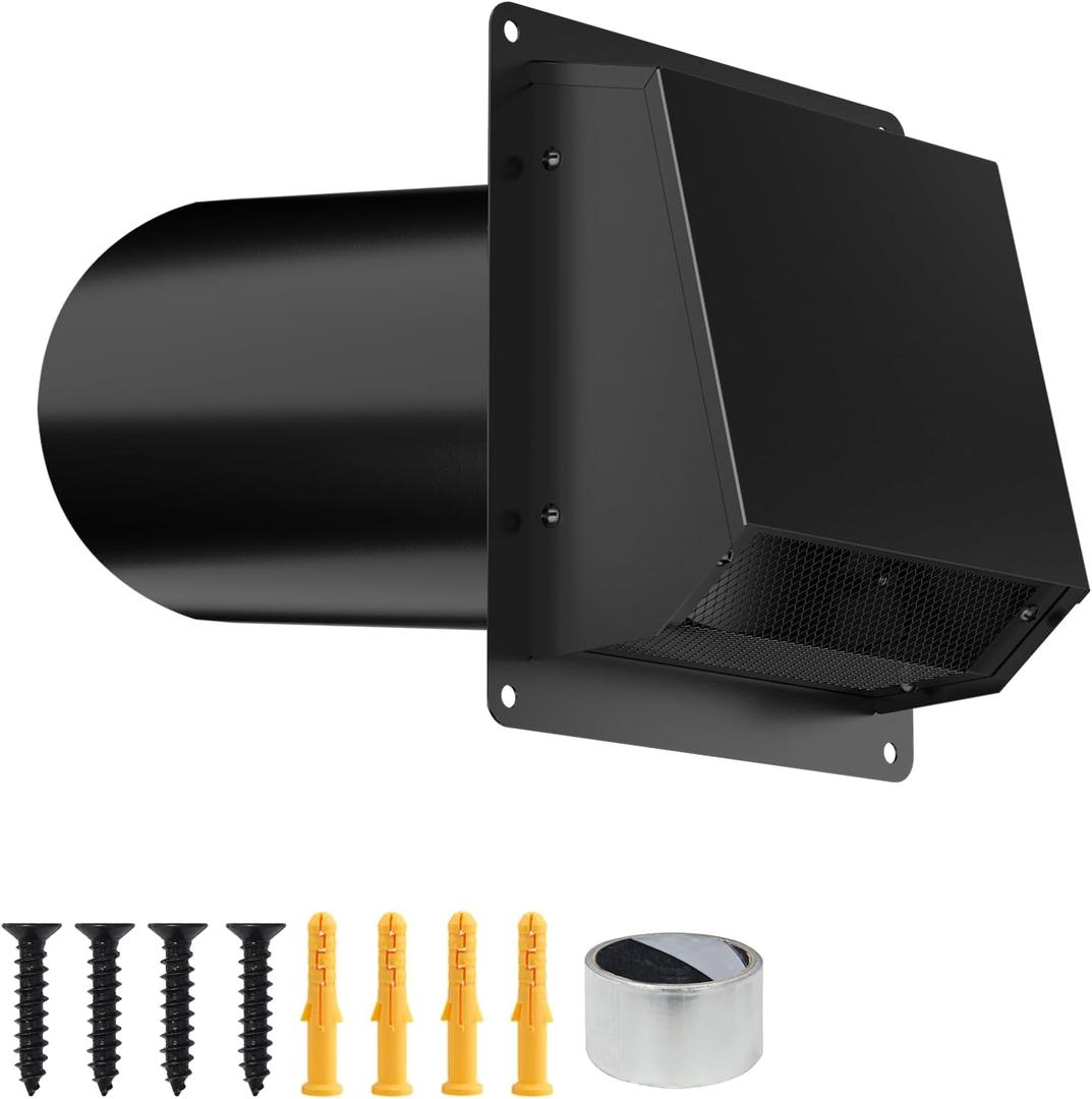 4 Inch Dryer Vent Cover Outside, Galvanized Steel Exterior Hooded Wall Vent Cover with Removable Screen & Cushioned Backdraft Flap, Exhaust Vent for House Through-Wall Dryer Vent Kit (Black)