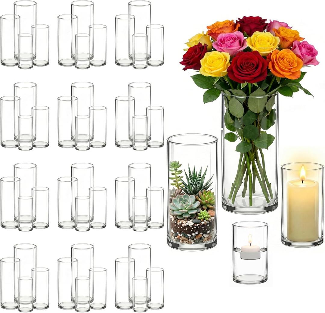48 Pack Clear Glass Cylinder Vases - 4,6,8,10 Inch Tall, Multi-Size Hurricane Candle Holders for Table Centerpiece, Wedding Home Decor, Flower Arrangement