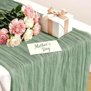 Sage Green Cheesecloth Table Runner, 10 Ft Easter Boho Table Runner, 120 in Spring Rustic Table Runners for St Patrick's Day, Wedding, Party, Baby & Bridal Shower, 120 x 35 inches