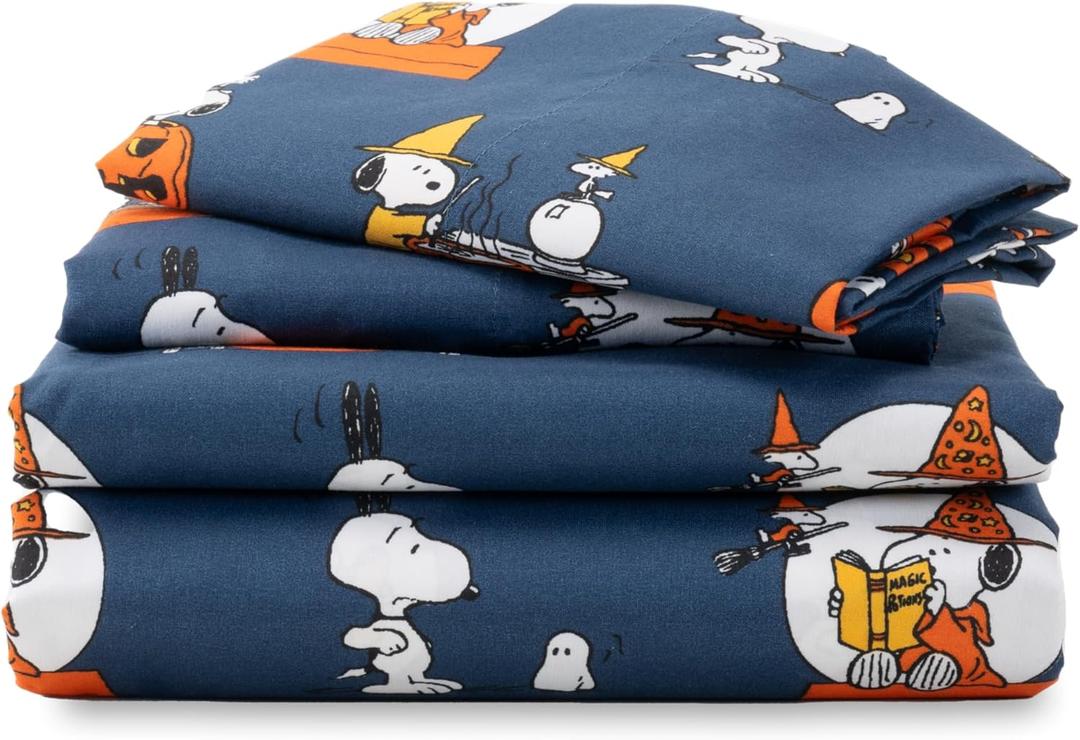 Berkshire Blanket Peanuts Kids Sheet Set Full Size - 4 Pieces,Cute Character Snoopy Printed Soft Microfiber Bed Sheets,Halloween Magic Potions Sheet Navy