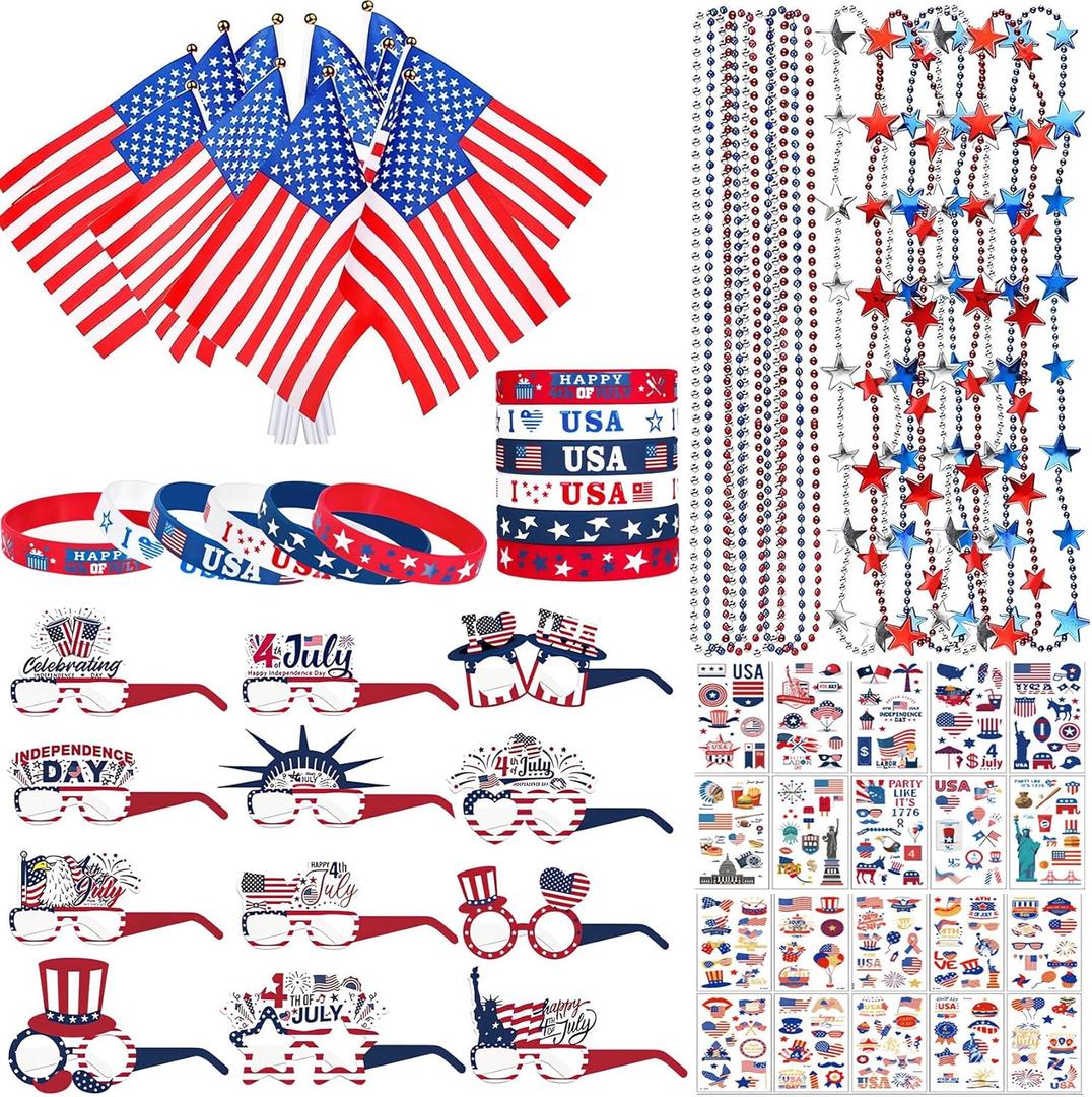 4th of July Decorations Party Favors 240Pcs Presidents Patriotic Independence Memorial Day Accessories Supplies Necklace Glasses Bracelet Flag Temporary Tattoos for Kids Adults