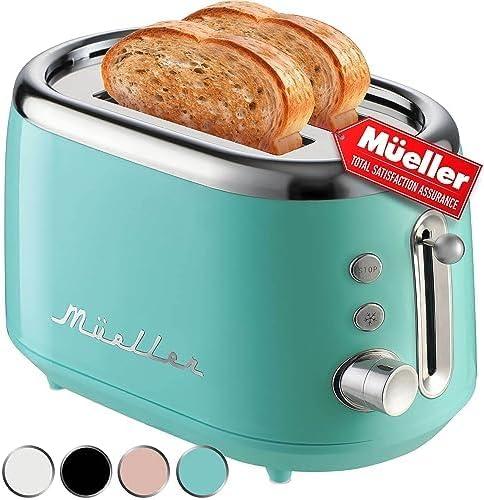 MELLERHOME Retro Toaster 2 Slice, 7 Browning Levels, 3 Functions (Reheat, Defrost, Cancel), Removable Crumb Tray, Under Base Cord Storage, Turquoise