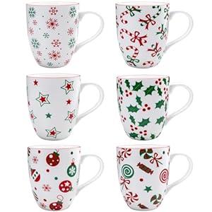 ZAROCRUS Christmas Ceramic Coffee Mug Set of 6, 16 OZ Holiday Porcelain Mugs, Wreath with Red Cardinal design With words Hope,Peace, Cheer, Joy, Love, Believe Cups for Xmas Gift Party Supplies