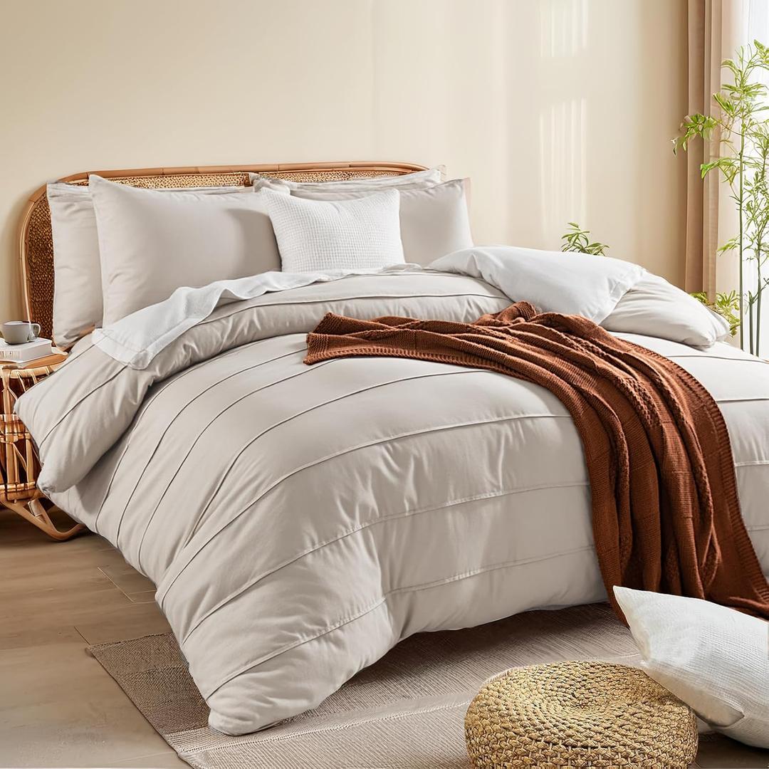 NEXHOME PRO 100% Organic Cotton Duvet Cover Full Size, Linen Like Pleated Textured Tannish Linen Grey Duvet Cover Set, 3pc Bedding Set with Zipper Closure, Soft, Breathable (80"x90", No Comforter)