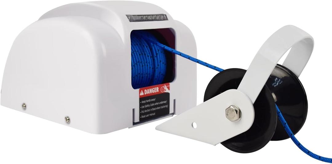 45 lbs Electric Anchor Winch, 12V Boat Anchor Winch-Marine Saltwater Anchor Windlass Kit with Remote Control & 100-feet of Pre-Wound Anchor Rope for Speedboats, Wench-Anchors - Complete Set White