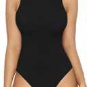 MANGOPOP Women's Tank Top Body Suits Sexy Crew Neck Racerback Halter Ribbed Sleeveless Long Sleeve Bodysuit Going Out Tops (Black, XS)