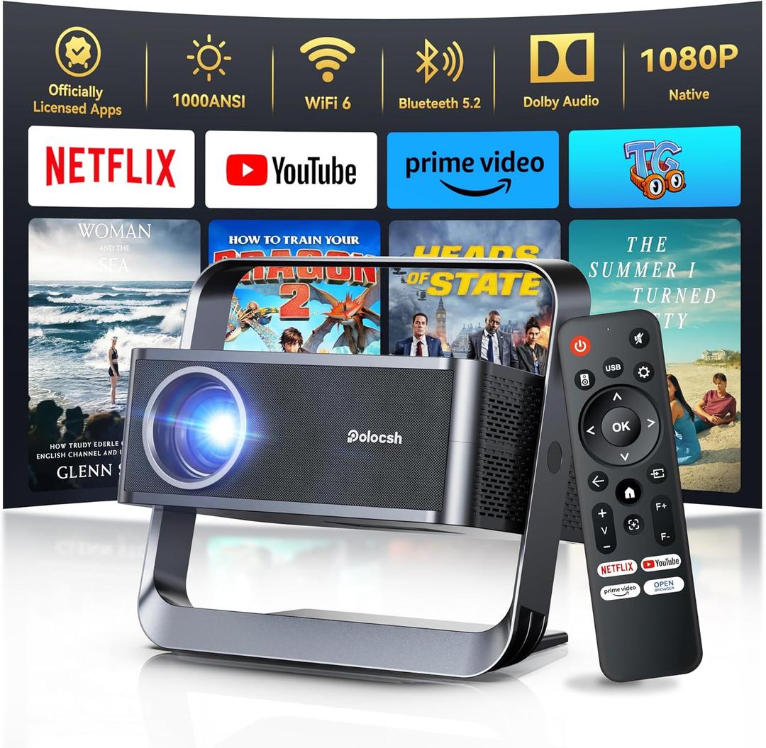 Polocsh 4k Projector with WiFi and Bluetooth, Smart Projector with Auto Focus & Voice Control, Over 10,000+ Apps Movie Home Theater Mini Portable Proyector For Indoor/Outdoor (Gunmetal)