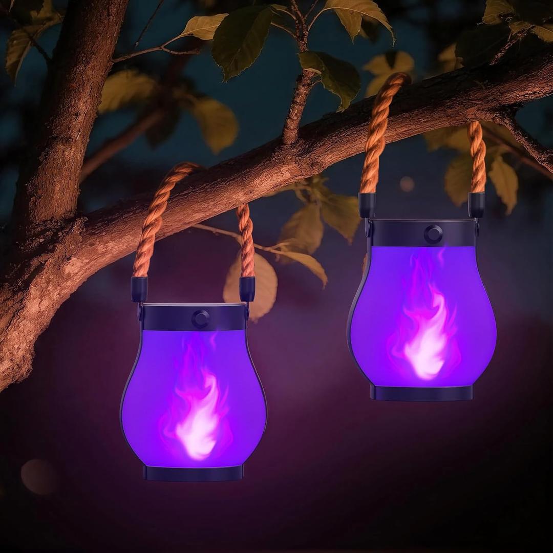 Hompavo Gen2 Solar Lanterns Outdoor Waterproof with Realistic Flickering Flame, Dual Charging (USB/Solar) & 2 Modes - Decorative Hanging/Table Lights for Patio Garden Porch Halloween Decor, 2/Purple