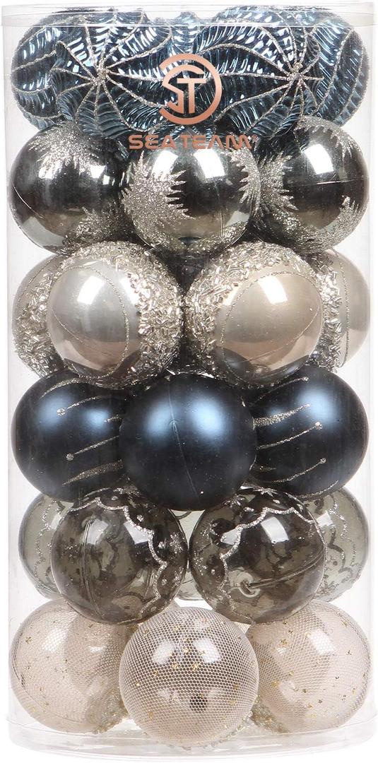 Sea Team 60mm/2.36" Delicate Contrast Color Theme Painting & Glittering Christmas Tree Pendants Decorative Hanging Christmas Baubles Balls Ornaments Set - (Stone Blue & Silver Grey), Pack of 30