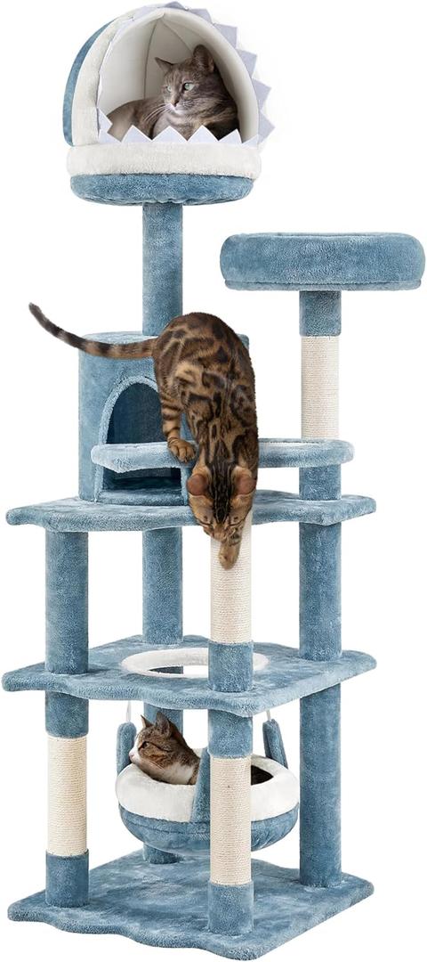 Yaheetech 61in Tall Ocean-Themed Cat Tree, Multi-Level Cat Tower with Shark's Mouth-Shaped Nest, Fish-Shaped Platform, Sisal Scratching Posts, Plush Pet Bed Furniture as Kitty Activity Center