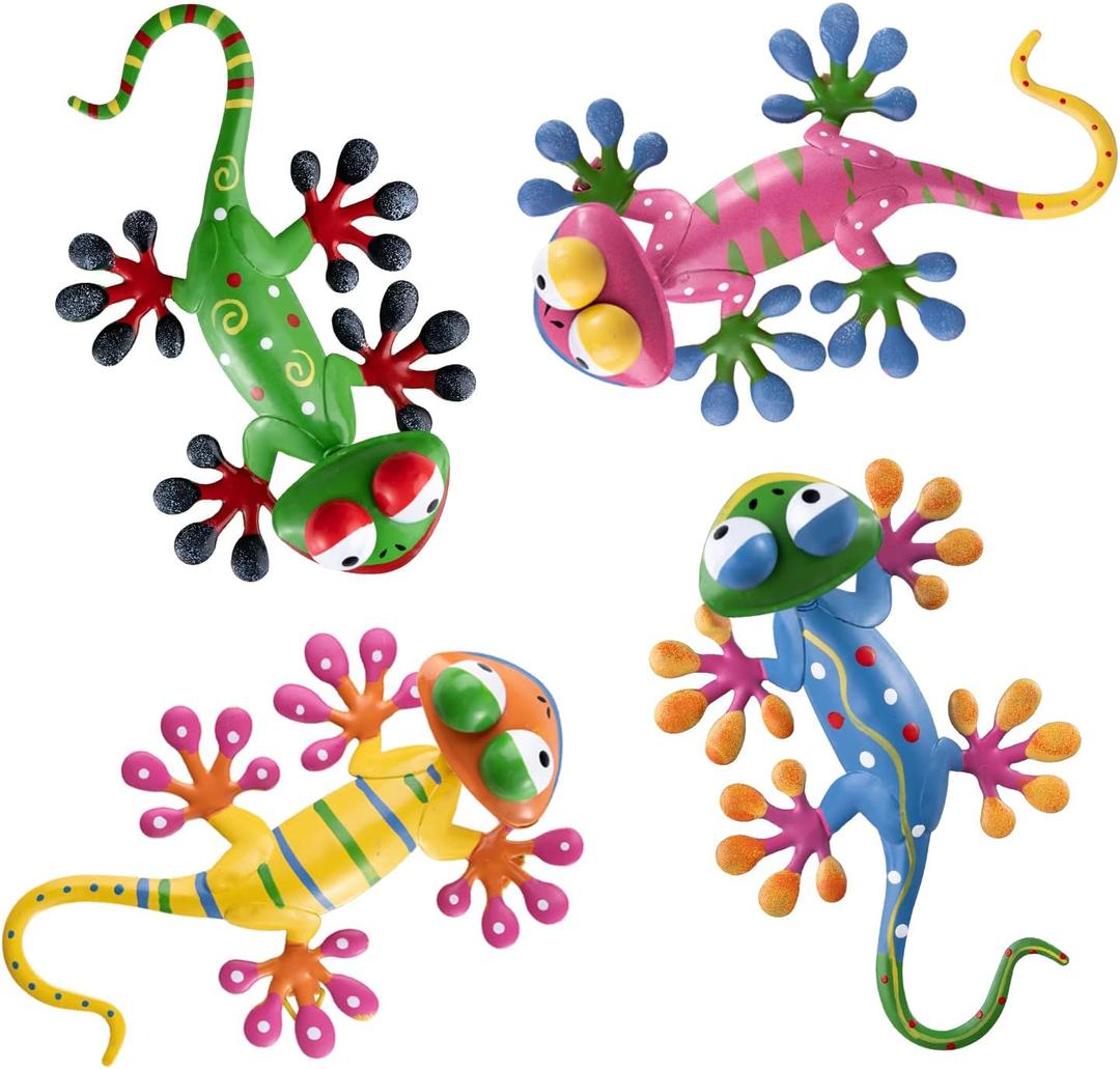 YEAHOME 4 Pack Metal Geckos Inspirational Wall Art, Mexican Outdoor Wall Decor with Shaking Head, Lizard Wall Sculptures & Statues for Farmhouse, Porch, Patio, Lawn, Fence, Backyard (Set of 4)