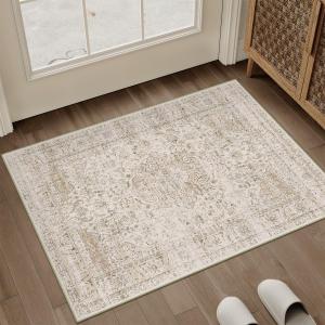 WondRg 2x3 Washable Beige Area Rug Vintage Entryway Kitchen Carpet Non-Slip Soft Low Pile Distressed Indoor Small Throw Rug for Bedroom Bathroom Entrance