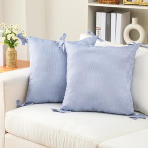 SmoothNovelty 2 Pcs Coastal Pillow Covers 20 * 20 Inch Blue and White Striped Throw Pillow Covers with Bow Ties Chic Cotton Decorative Cushion Shams for Sofa Living Room Bed Outdoor Home Decoration